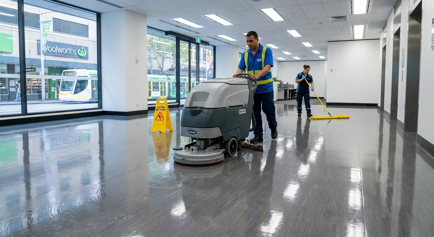 Professional floor cleaning machine maintaining luxury vinyl plank flooring in a commercial space