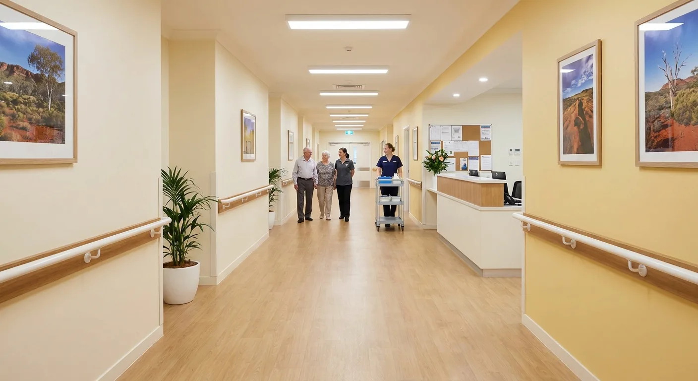 Clean vinyl sheet flooring in a modern healthcare facility corridor with natural light
